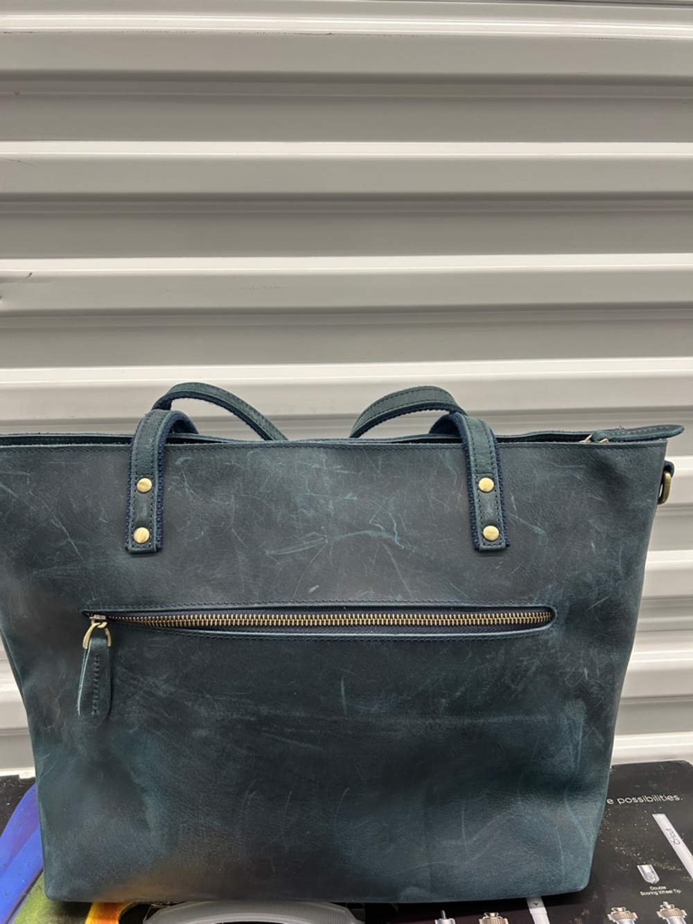 Distressed Genuine Leather Structured Tote in Teal Blue - Everyday Shoulder Bag - Picture 2 of 6